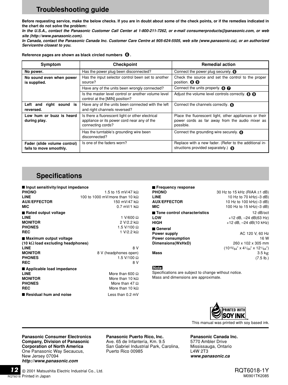 Troubleshooting guide, Specifications | Panasonic SH-EX1200 User Manual | Page 12 / 12