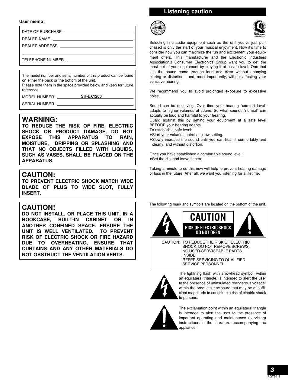 Listening caution, Caution, Warning | Risk of electric shock do not open | Panasonic SH-EX1200 User Manual | Page 3 / 12