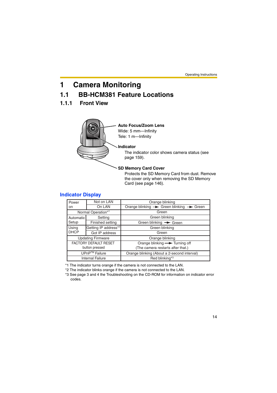 1 camera monitoring, 1 bb-hcm381 feature locations, 1 front view | 1camera monitoring, Indicator display | Panasonic BB-HCM381 User Manual | Page 14 / 204