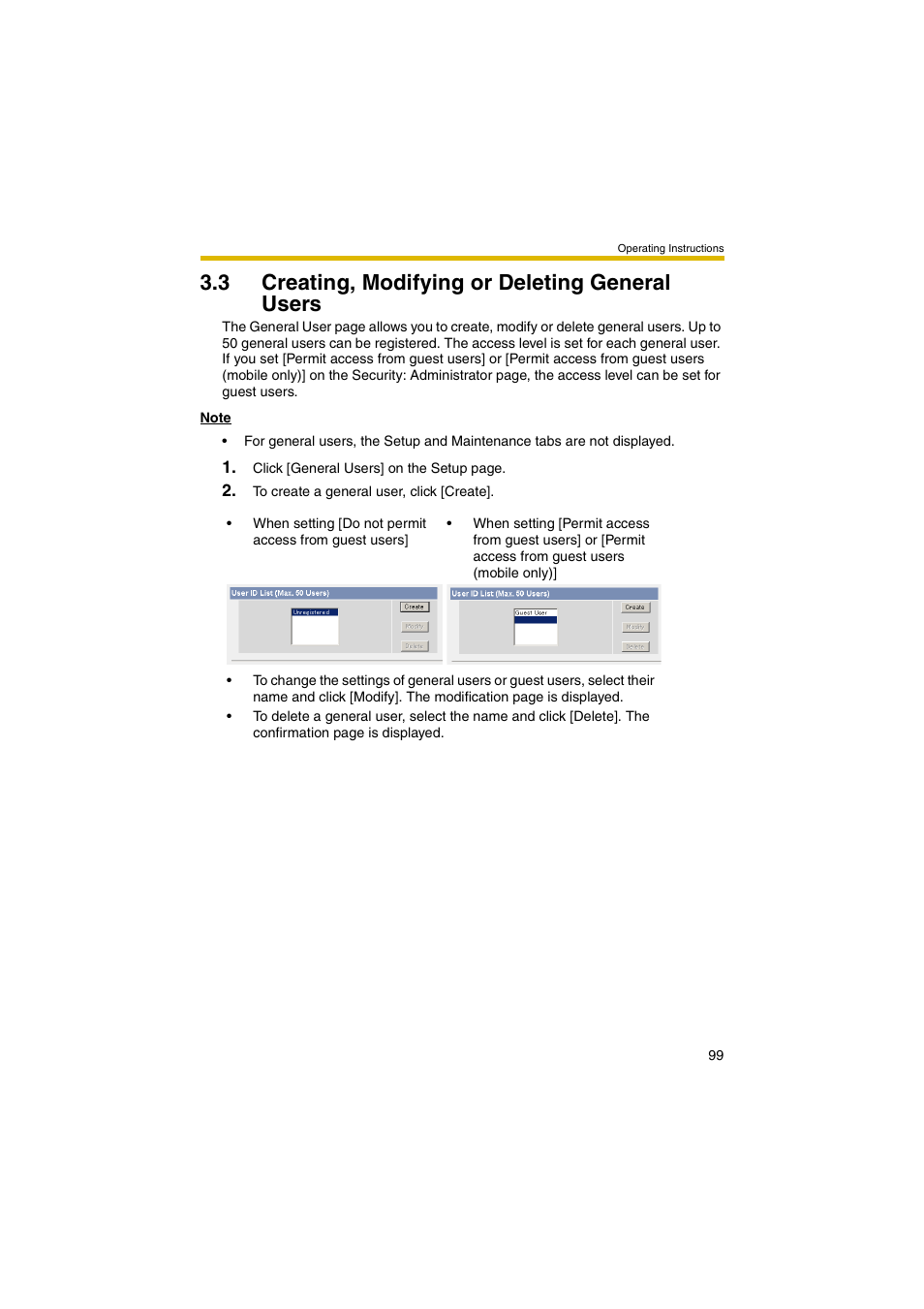 3 creating, modifying or deleting general users, Ge 99) | Panasonic BB-HCM381 User Manual | Page 99 / 204