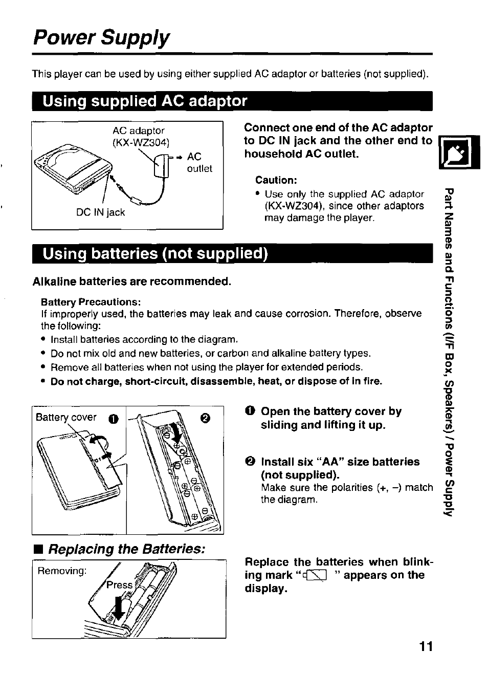 Using supplied ac adaptor, Using batteries (not supplied), Alkaline batteries are recommended | O install six “aa” size batteries (not supplied), Power supply, Replacing the batteries | Panasonic KXL-D721 User Manual | Page 11 / 40