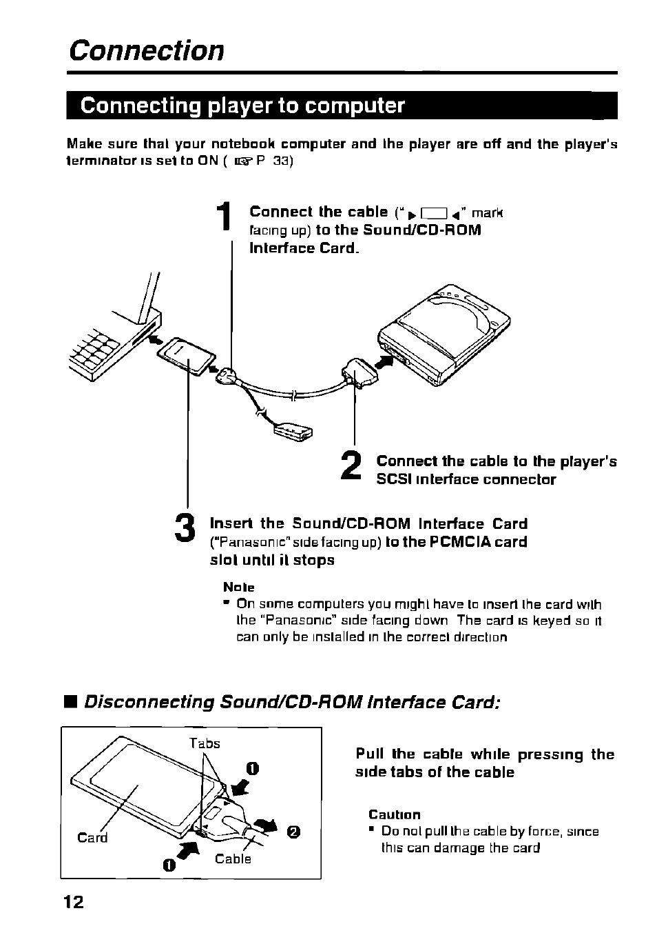 Connecting player to computer, Connection, Disconnecting sound/cd-rom interface card | Panasonic KXL-D721 User Manual | Page 12 / 40