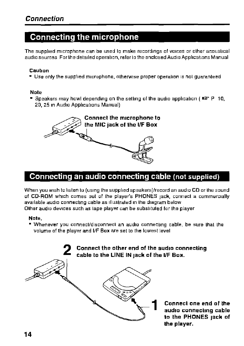 Connecting the microphone, Connecting an audio connecting cable, Connection | Not supplied) | Panasonic KXL-D721 User Manual | Page 14 / 40