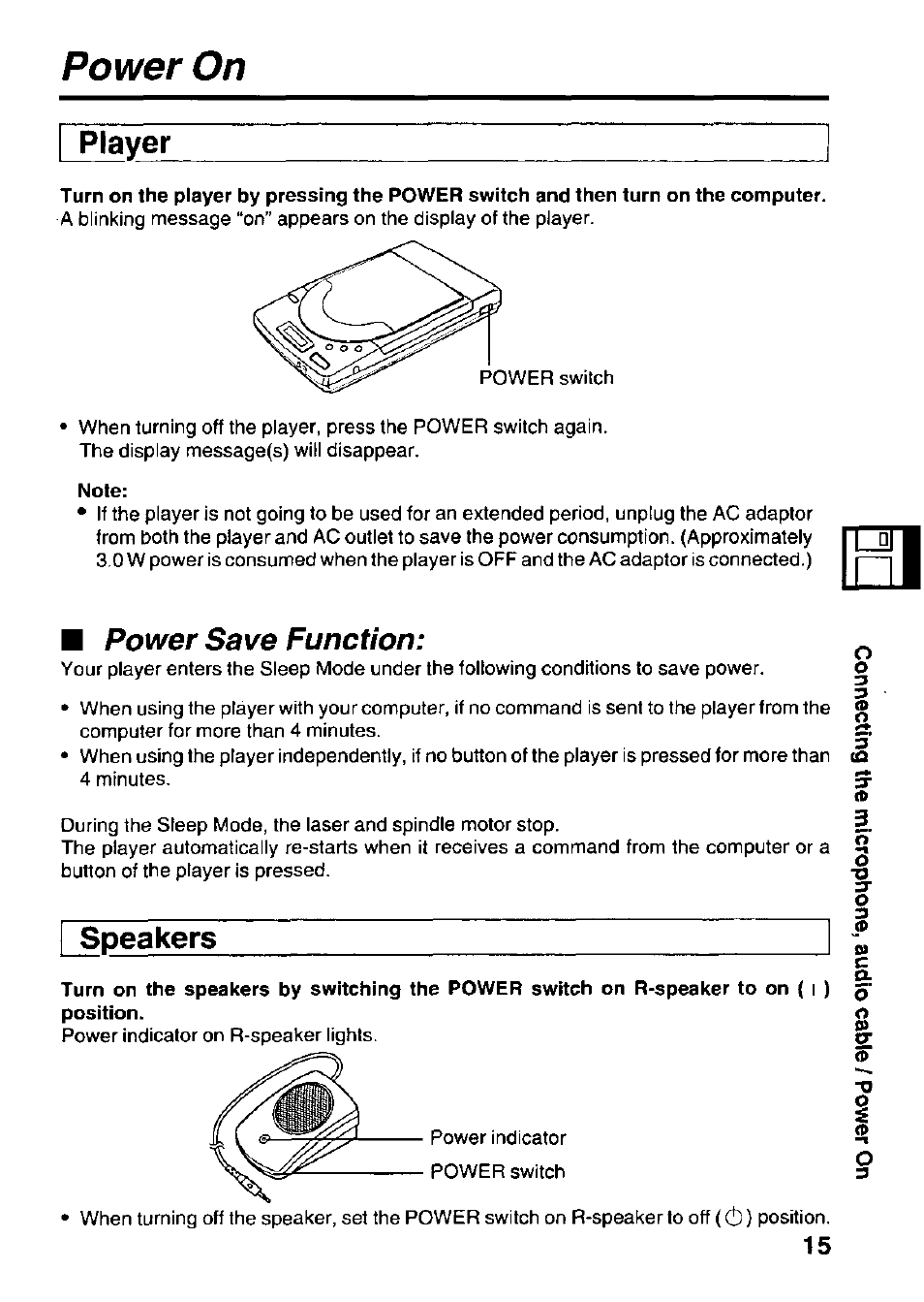 Player, Power on, Power save function | Speakers | Panasonic KXL-D721 User Manual | Page 15 / 40