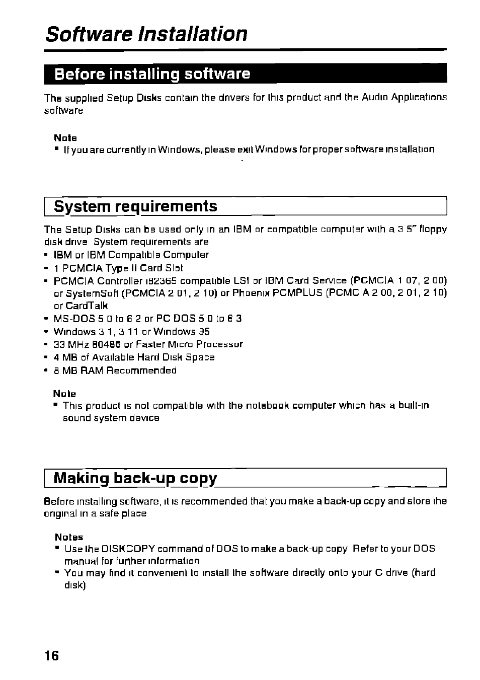 Before installing software, I system requirements, Making back-up copy | Software installation, System requirements | Panasonic KXL-D721 User Manual | Page 16 / 40