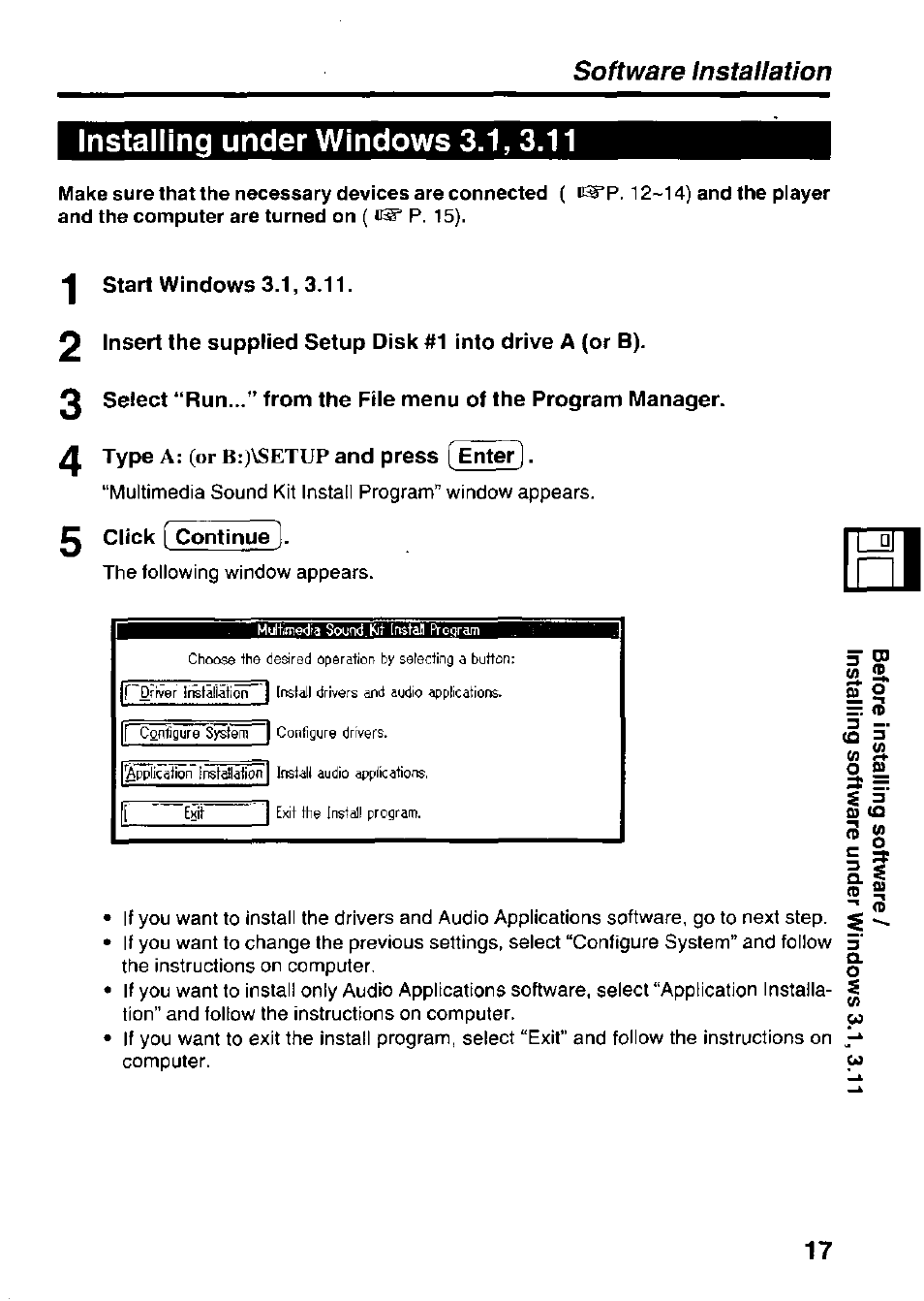 Installing under windows 3.1,3.11, Start windows 3.1,3.11, 4 type a: (or b:)\setup and press [ entet | 0 click [ continue, O fi | Panasonic KXL-D721 User Manual | Page 17 / 40