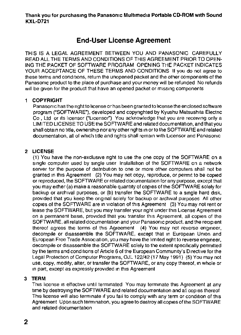 End-user license agreement | Panasonic KXL-D721 User Manual | Page 2 / 40