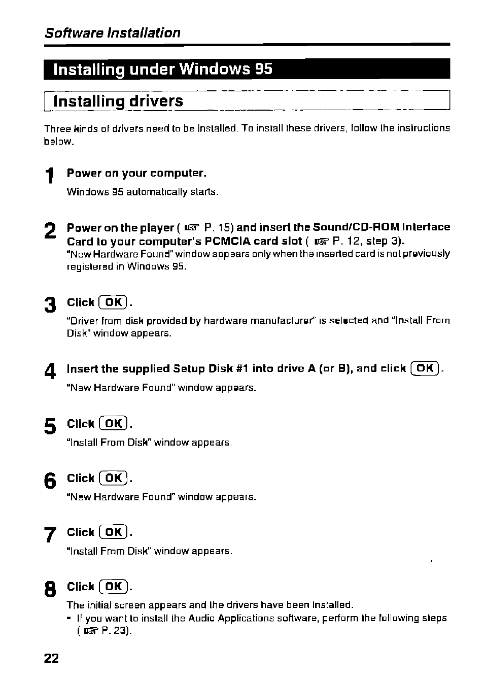 Installing under windows 95, Rinstalling drivers, Installing under windows 95 rinstalling drivers | Software tnstauation | Panasonic KXL-D721 User Manual | Page 22 / 40