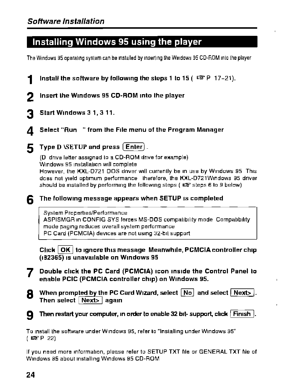 Installing windows 95 using the player, Software instaltation, N^p 22) | Panasonic KXL-D721 User Manual | Page 24 / 40