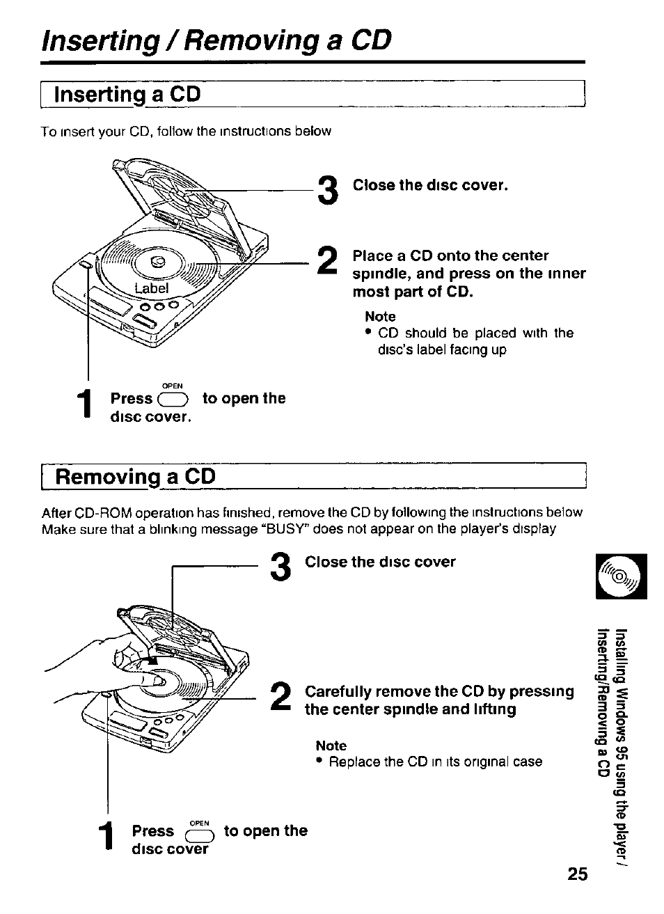 Inserting a cd, Close the disc cover, Removing a cd | Press to open the disc cover, Inserting / removing a cd | Panasonic KXL-D721 User Manual | Page 25 / 40