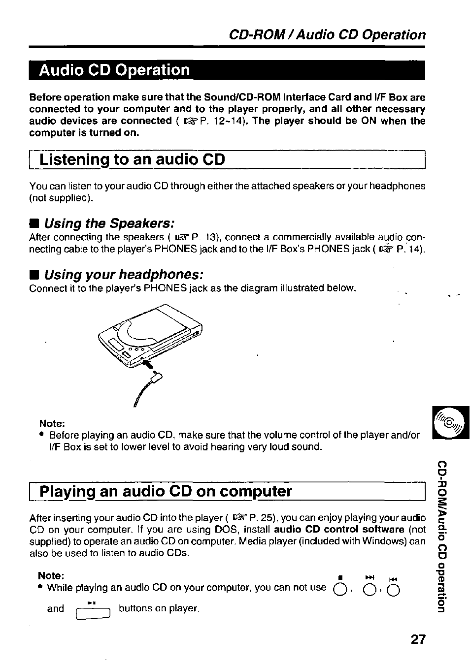 Audio cd operation, Listening to an audio cd, Playing an audio cd on computer | Cd-rom/audio cd operation, Using the speakers, Using your headphones | Panasonic KXL-D721 User Manual | Page 27 / 40