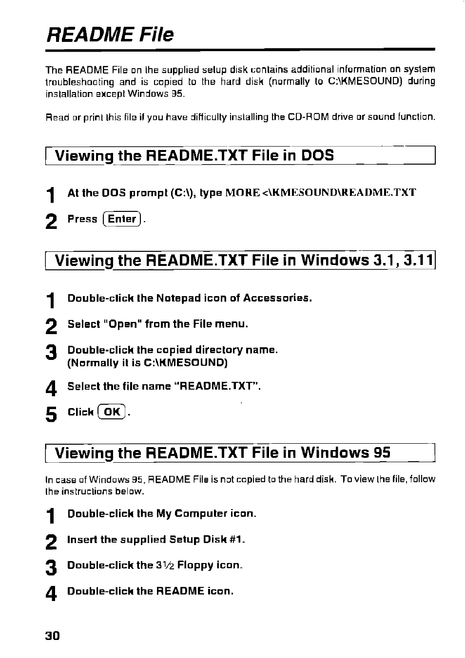 Readme file, Viewing the readme.txt file in dos, Viewing the readme.txt file in windows 95 | Panasonic KXL-D721 User Manual | Page 30 / 40