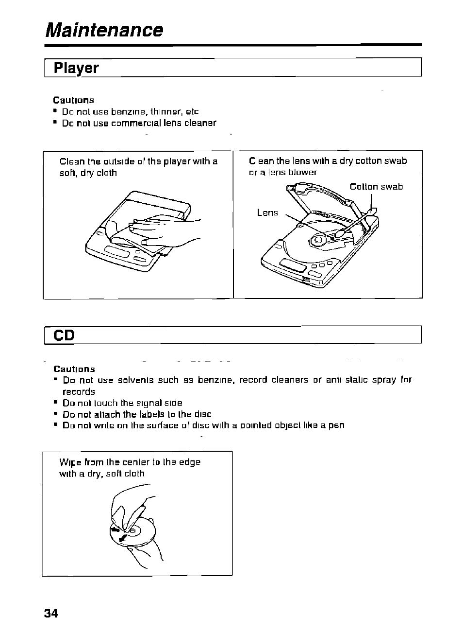 Maintenance, Player | Panasonic KXL-D721 User Manual | Page 34 / 40