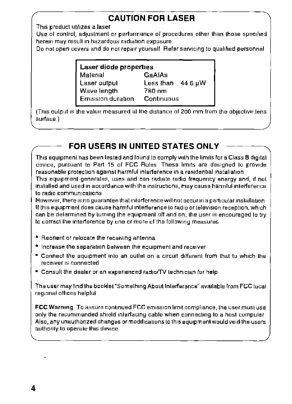 Caution for laser, For users in united states only, Laser diode properttes | Fcc warning | Panasonic KXL-D721 User Manual | Page 4 / 40