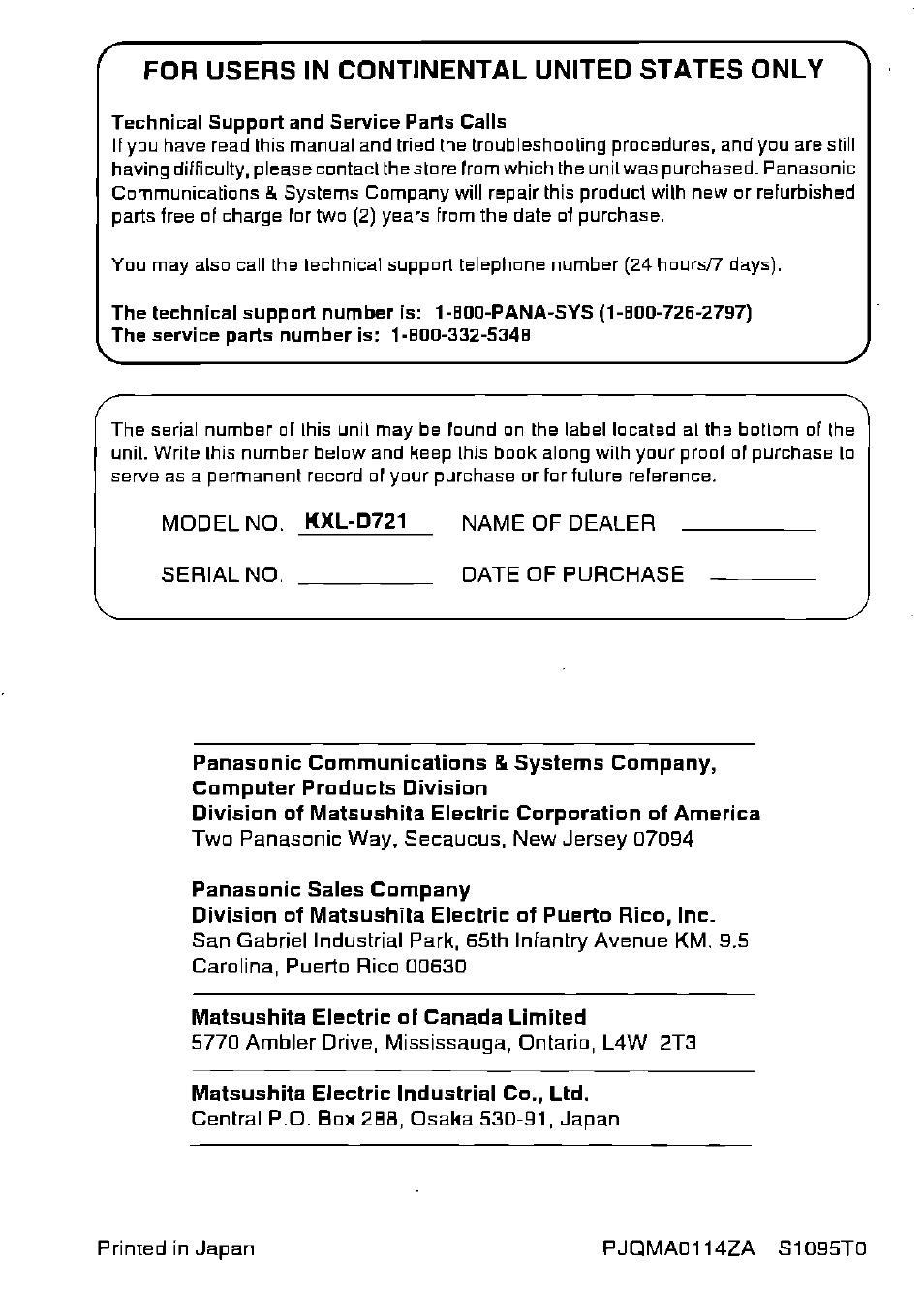 For users in continental united states only | Panasonic KXL-D721 User Manual | Page 40 / 40
