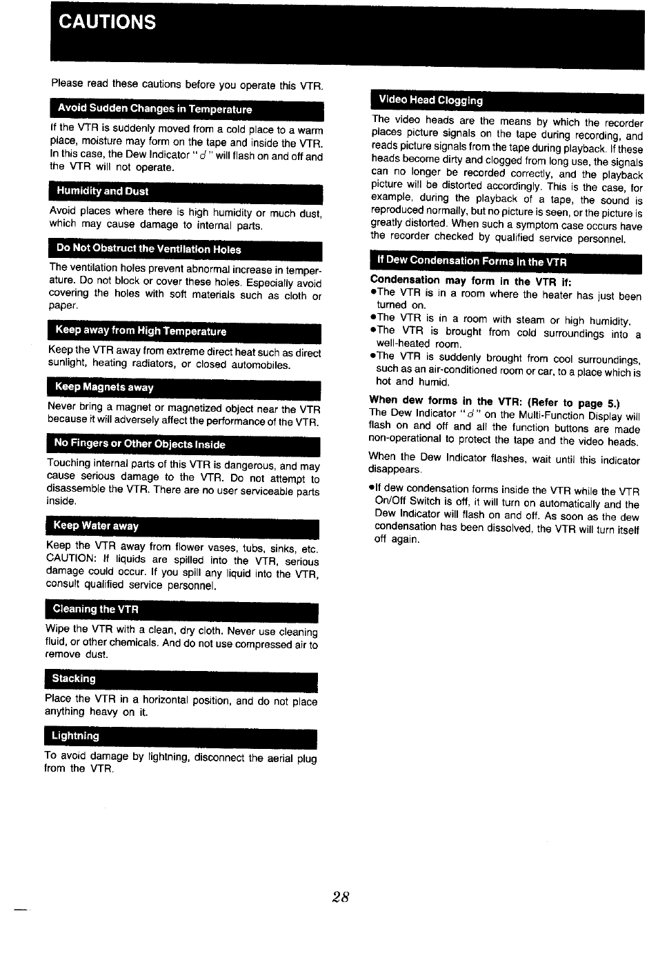 Cautions | Panasonic NV-G45 Series User Manual | Page 28 / 32