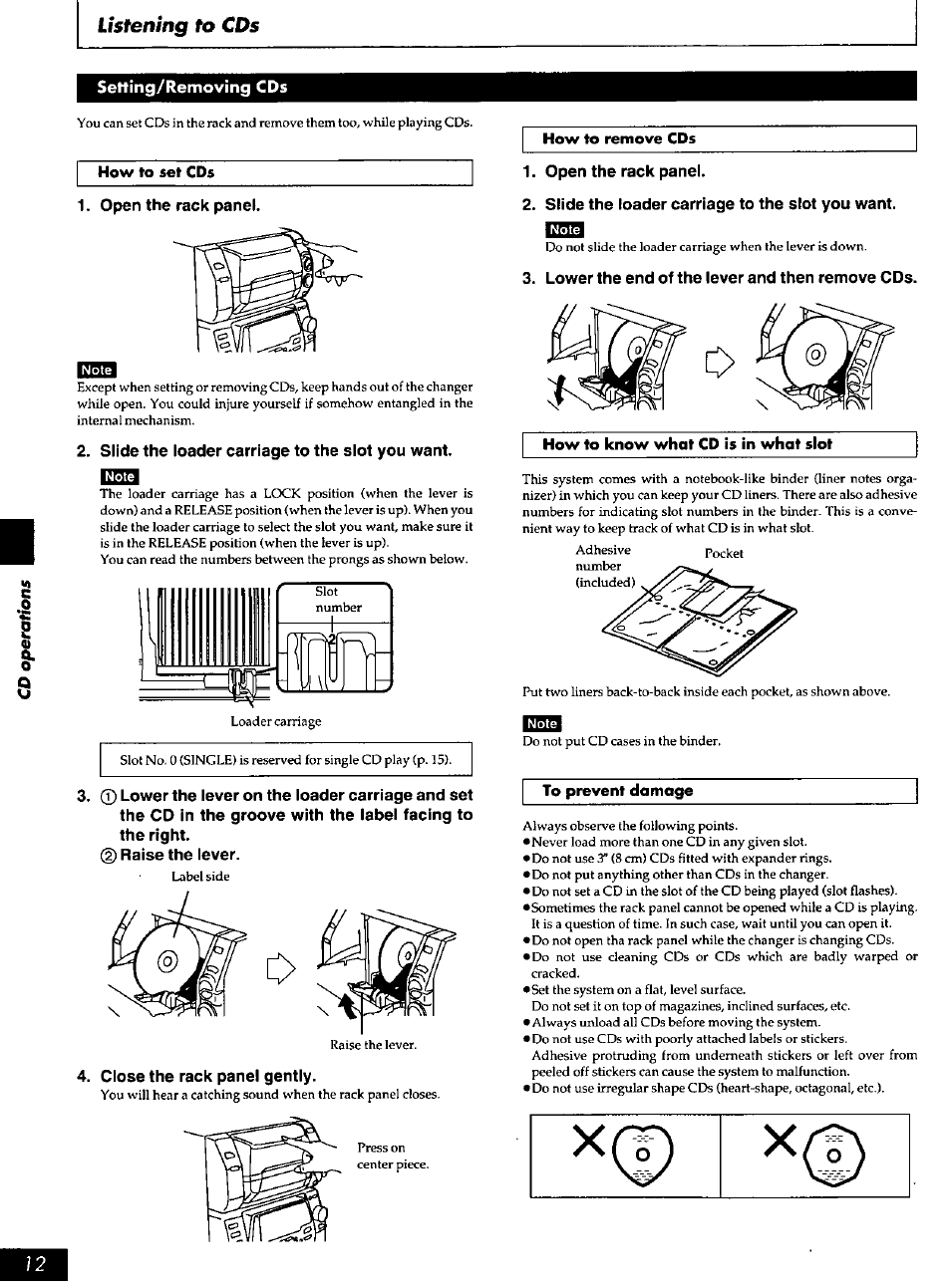 Open the rack panel, Slide the loader carriage to the slot you want, Raise the lever | Close the rack panel gently, Lower the end of the lever and then remove cds | Panasonic SC-AK90 User Manual | Page 12 / 40