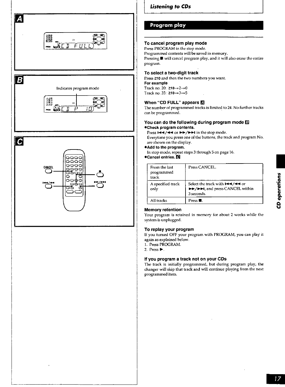 Program play, Listening to cds | Panasonic SC-AK90 User Manual | Page 17 / 40