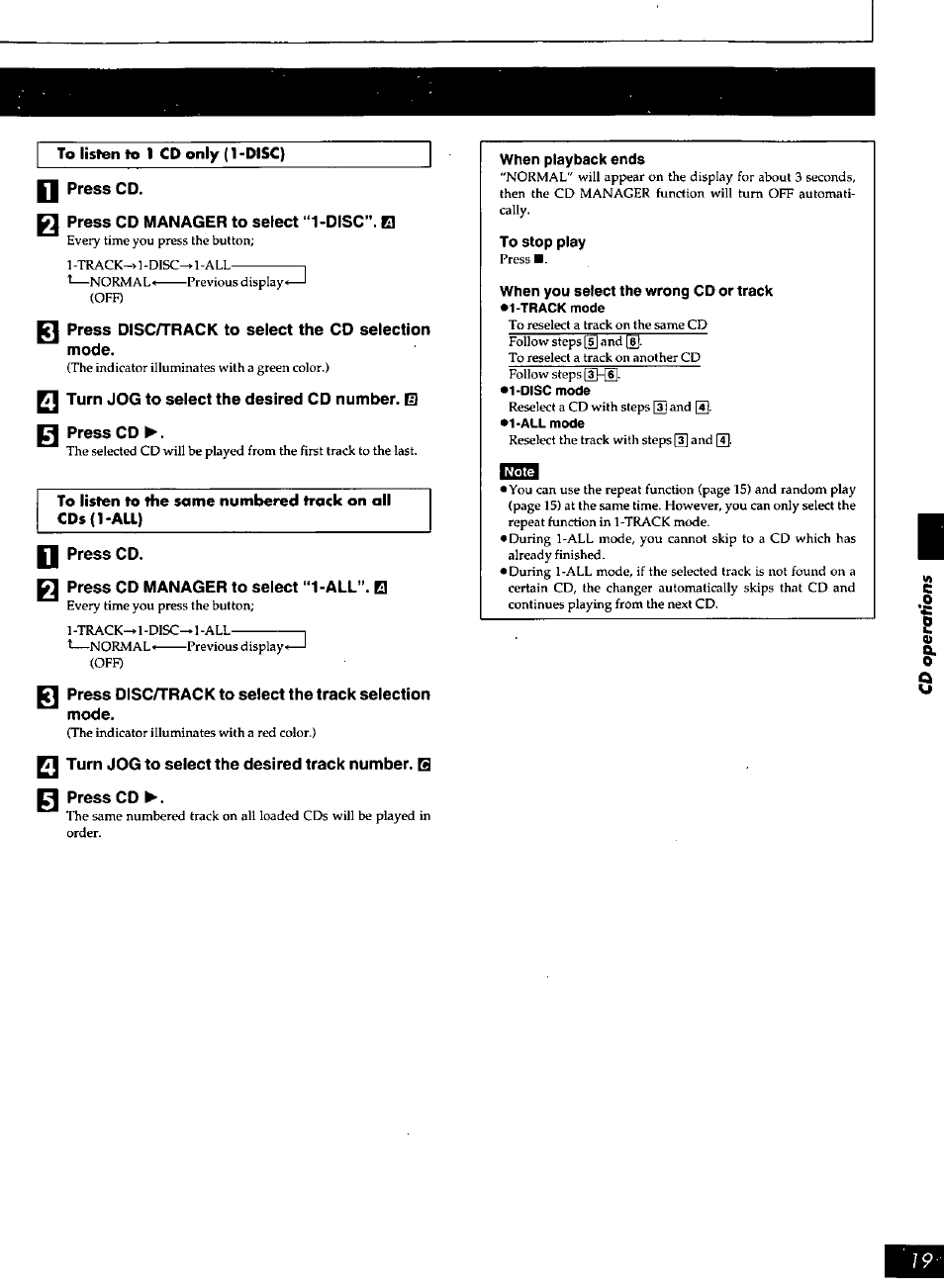 Press cd, Q press cd manager to select ‘ 1-disc”. el, Q press disc/track to select the cd selection mode | Q press cd manager to select “1-all”. q | Panasonic SC-AK90 User Manual | Page 19 / 40