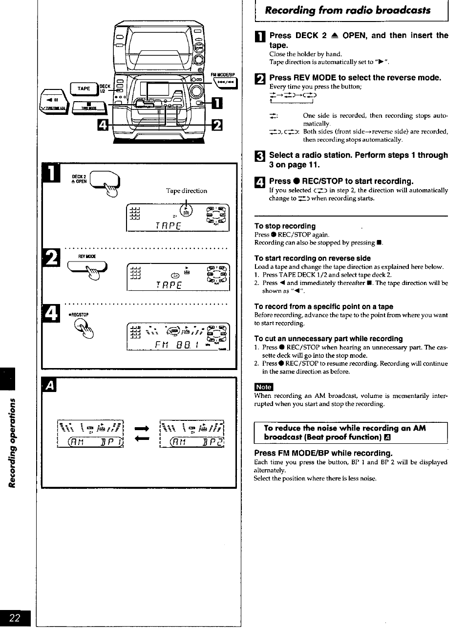 N press deck 2 ^ open, and then insert the tape, Recording from radio broadcasts | Panasonic SC-AK90 User Manual | Page 22 / 40