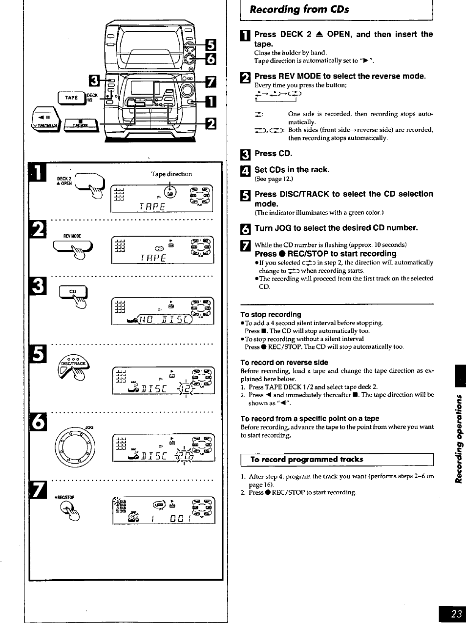 Press deck 2 ^ open, and then insert the tape, Press rev mode to select the reverse mode, Set cds in the rack | Press disc/track to seiect the cd selection mode, Turn jog to seiect the desired cd number, Recording from cds | Panasonic SC-AK90 User Manual | Page 23 / 40
