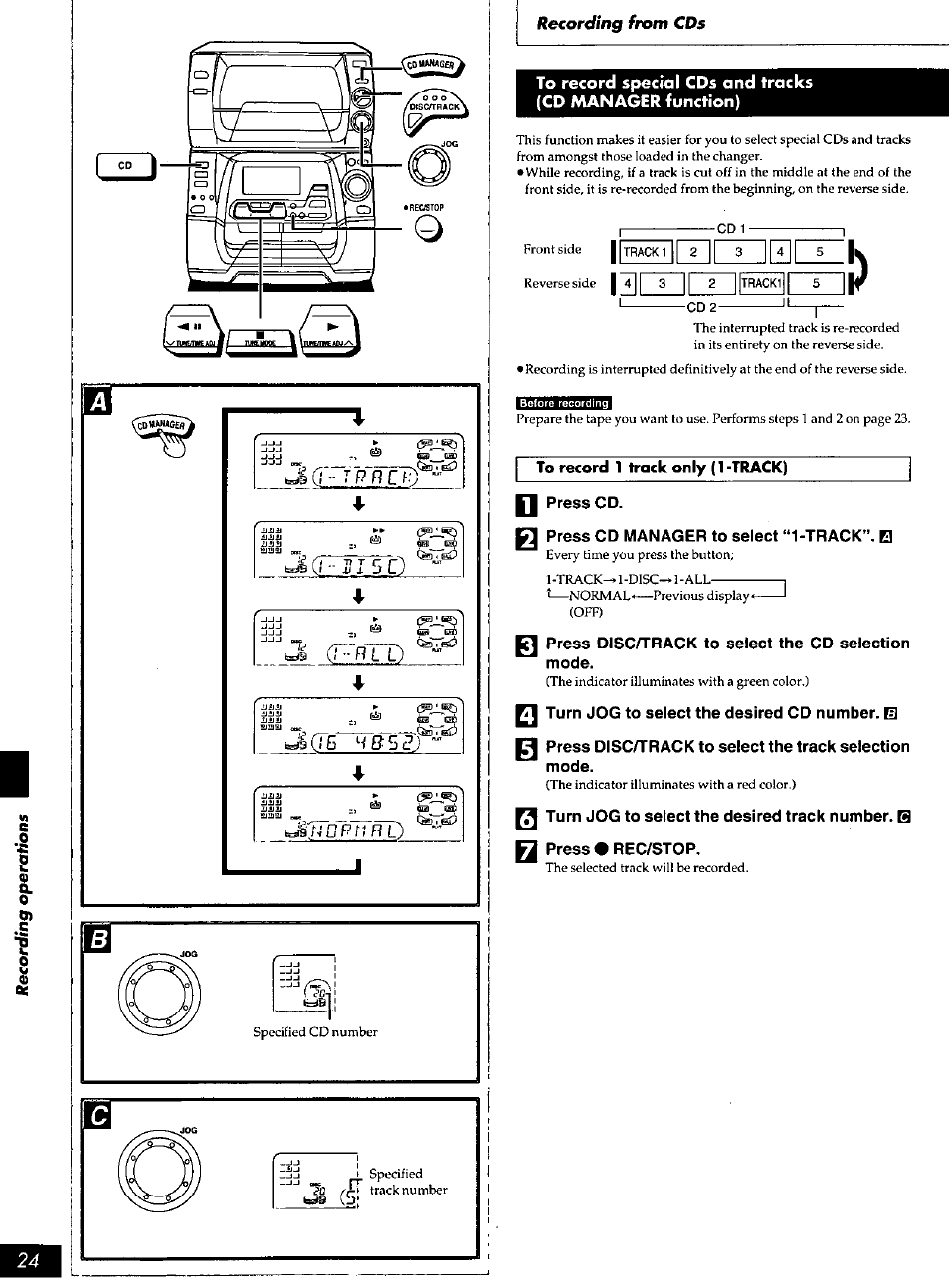 Press cd, Press cd manager to select **1-track”. q, Press disc/track to select the cd selection mode | Turn jog to select the desired cd number. el | Panasonic SC-AK90 User Manual | Page 24 / 40