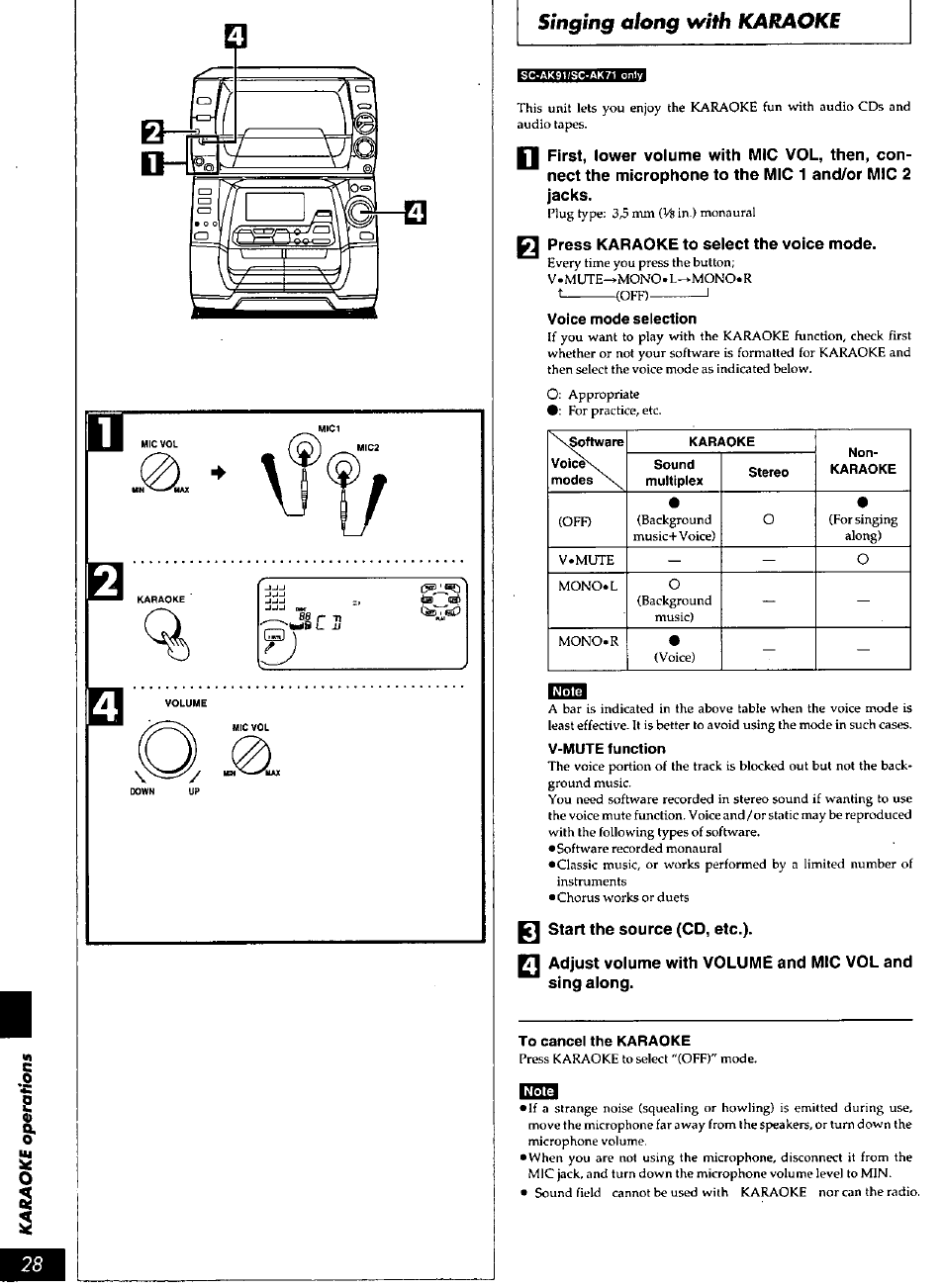 Press karaoke to select the voice mode, Singing along with karaoke | Panasonic SC-AK90 User Manual | Page 28 / 40