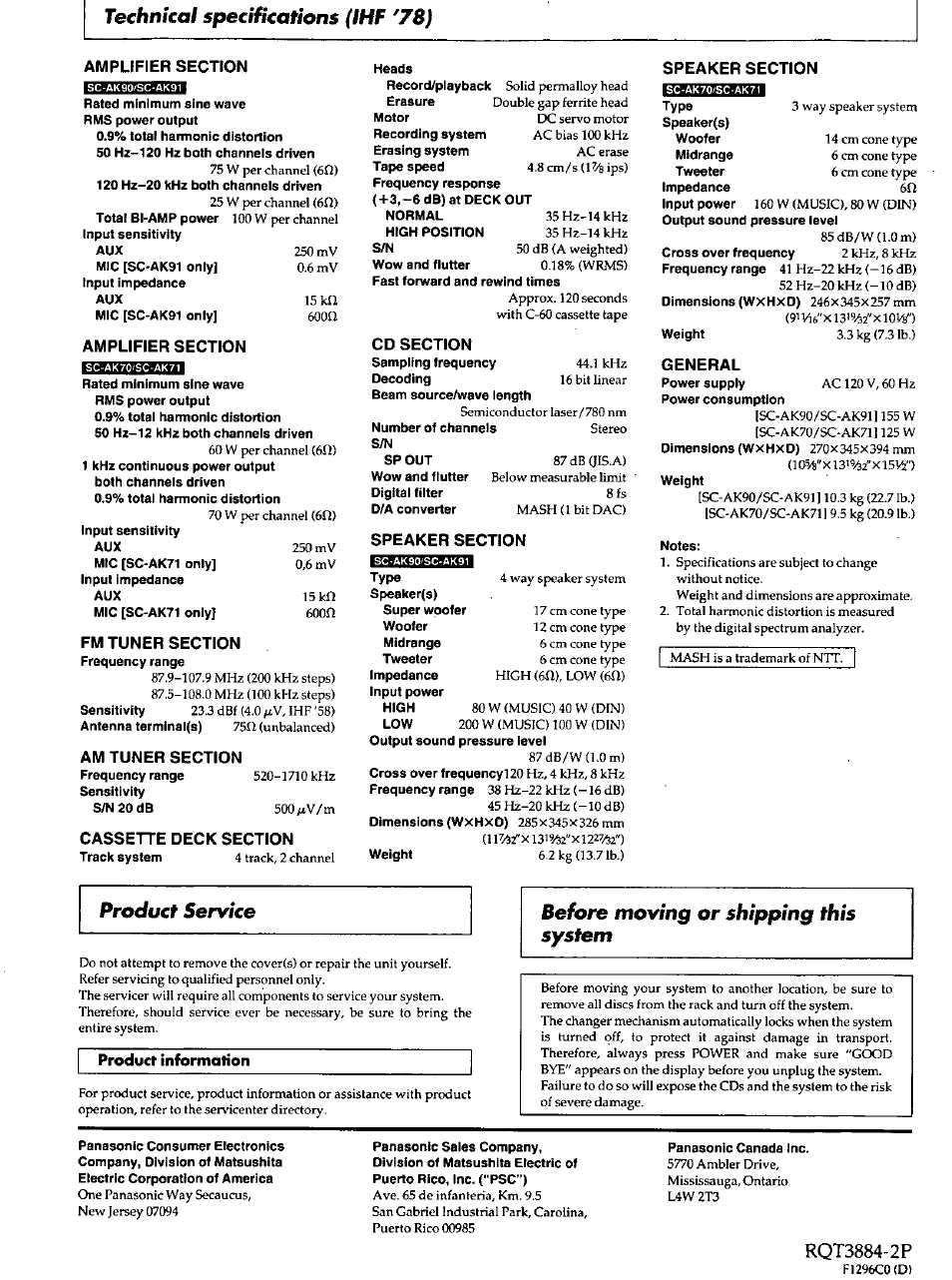 Technical specifications (ihf '78), Product service | Panasonic SC-AK90 User Manual | Page 40 / 40
