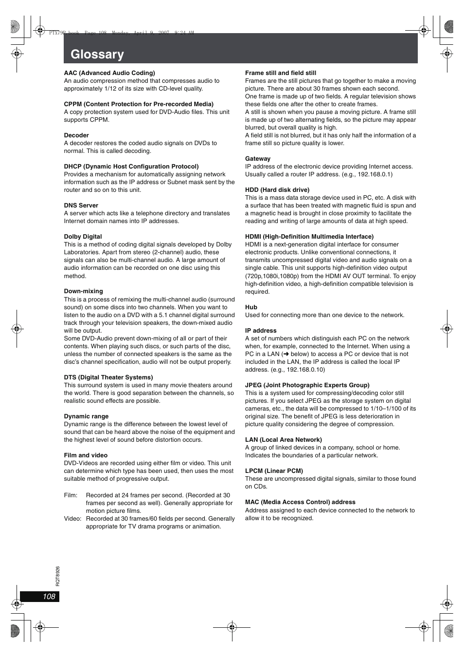 Glossary | Panasonic SCPTX7 User Manual | Page 108 / 112