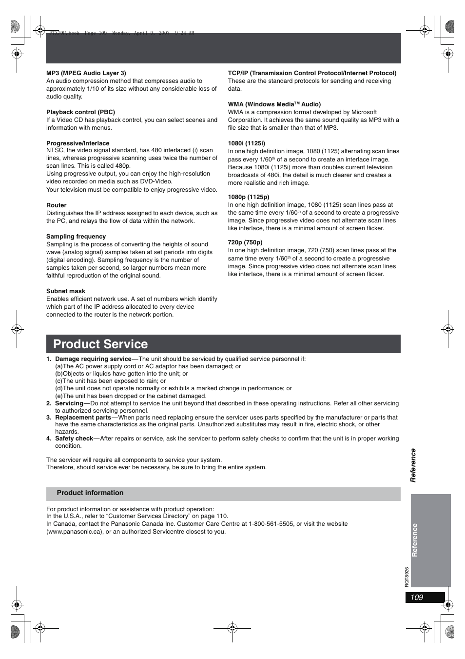 Product service | Panasonic SCPTX7 User Manual | Page 109 / 112