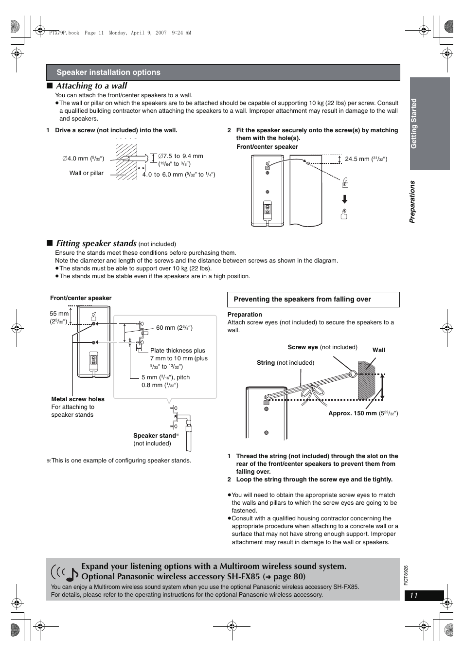 Attaching to a wall, Fitting speaker stands, Page 80) | Speaker installation options | Panasonic SCPTX7 User Manual | Page 11 / 112