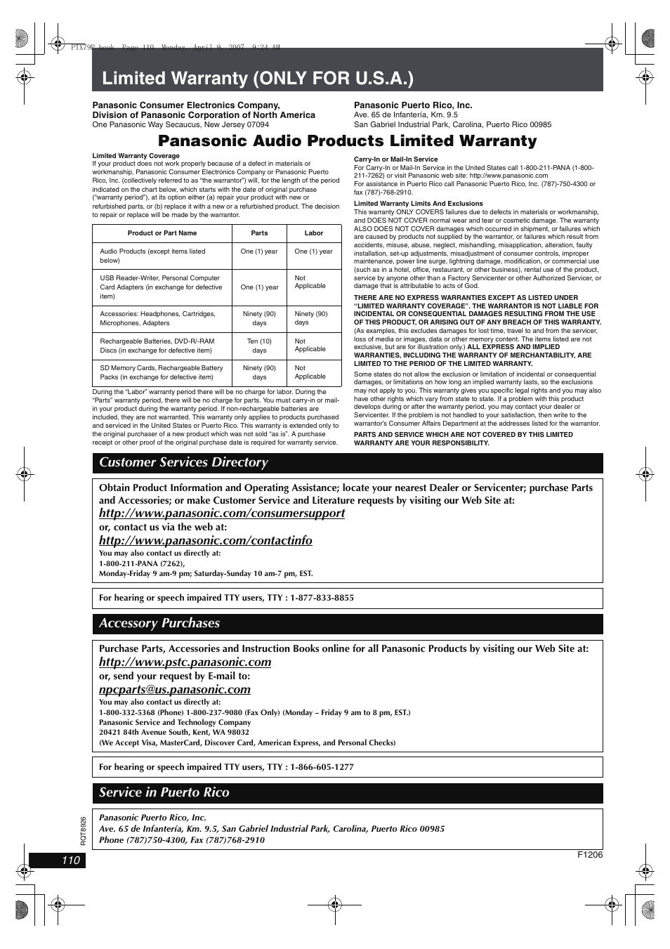 Limited warranty (only for u.s.a.), Panasonic audio products limited warranty, Customer services directory | Accessory purchases, Service in puerto rico | Panasonic SCPTX7 User Manual | Page 110 / 112