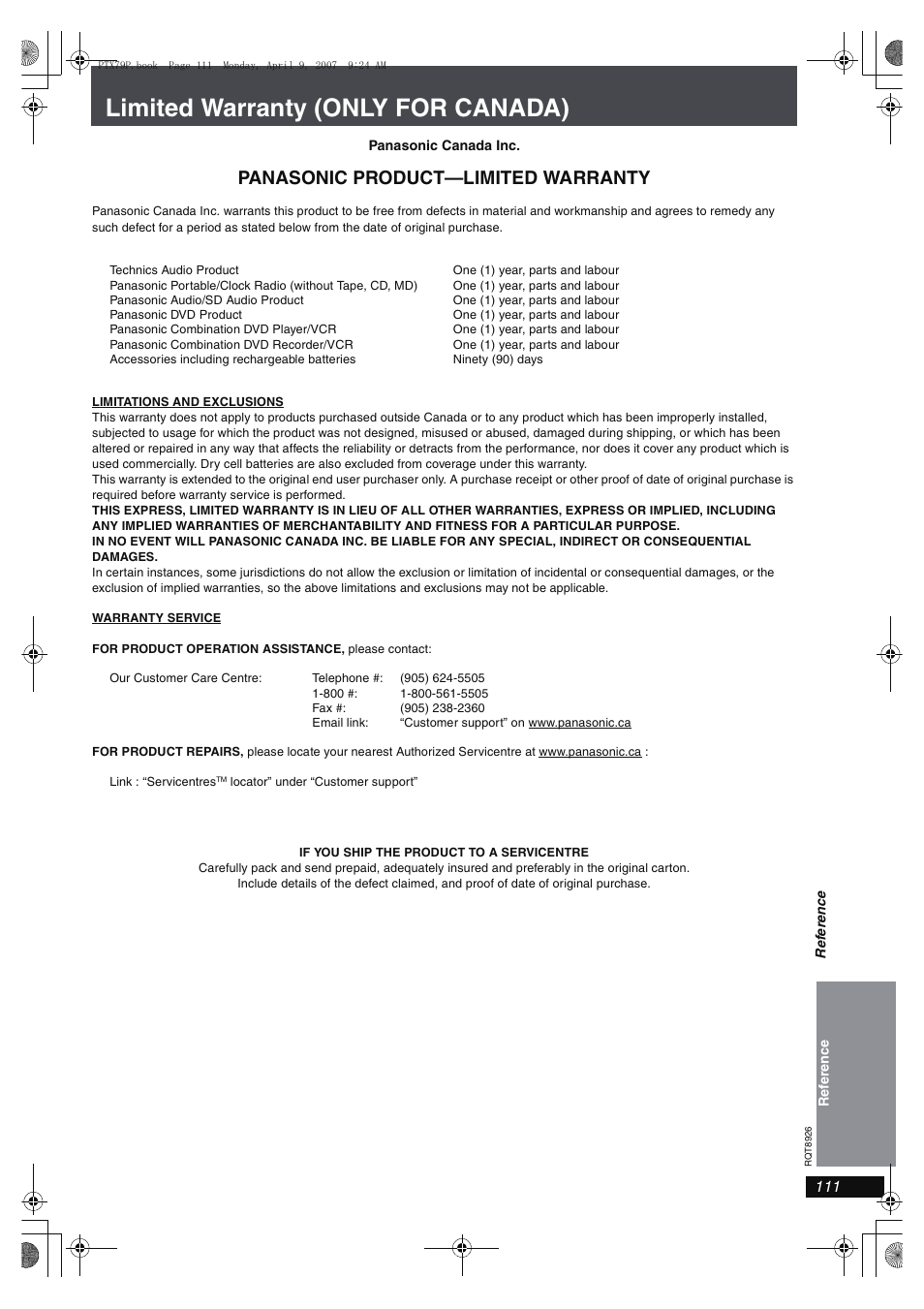 Limited warranty (only for canada), Panasonic product—limited warranty | Panasonic SCPTX7 User Manual | Page 111 / 112