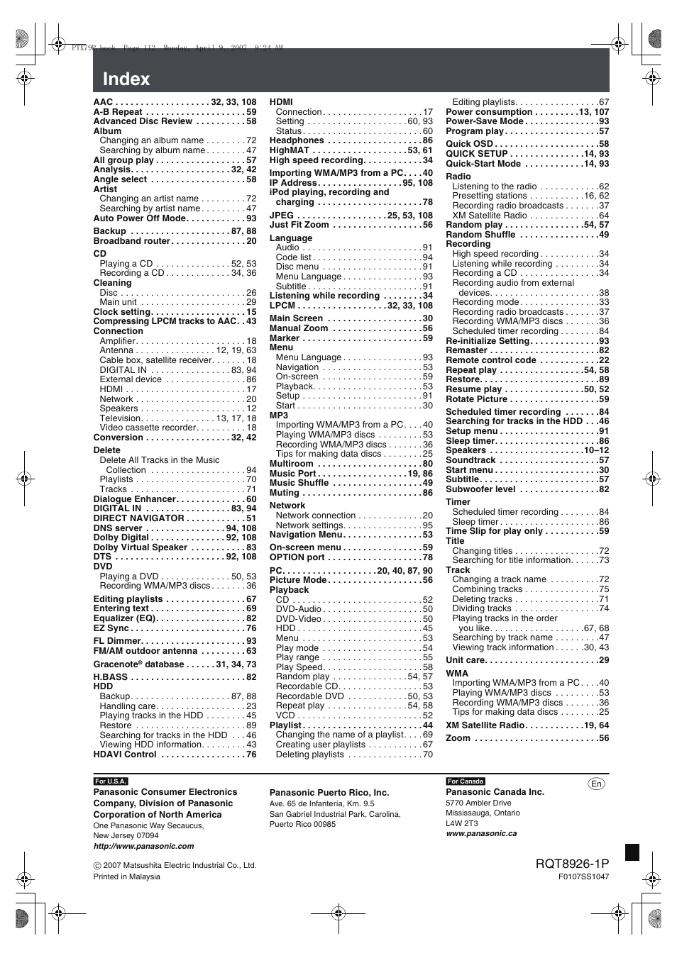 Index | Panasonic SCPTX7 User Manual | Page 112 / 112