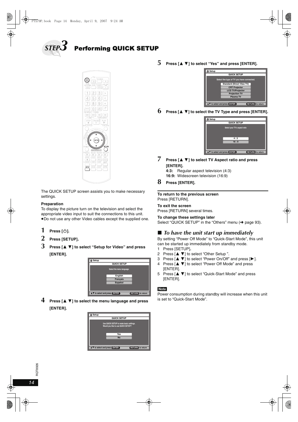 Step, Performing quick setup | Panasonic SCPTX7 User Manual | Page 14 / 112