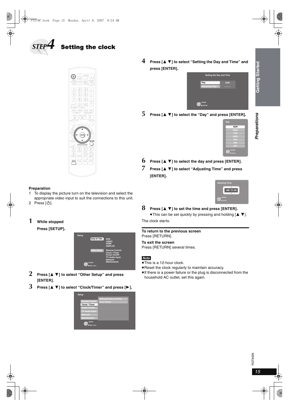 Step, Setting the clock | Panasonic SCPTX7 User Manual | Page 15 / 112