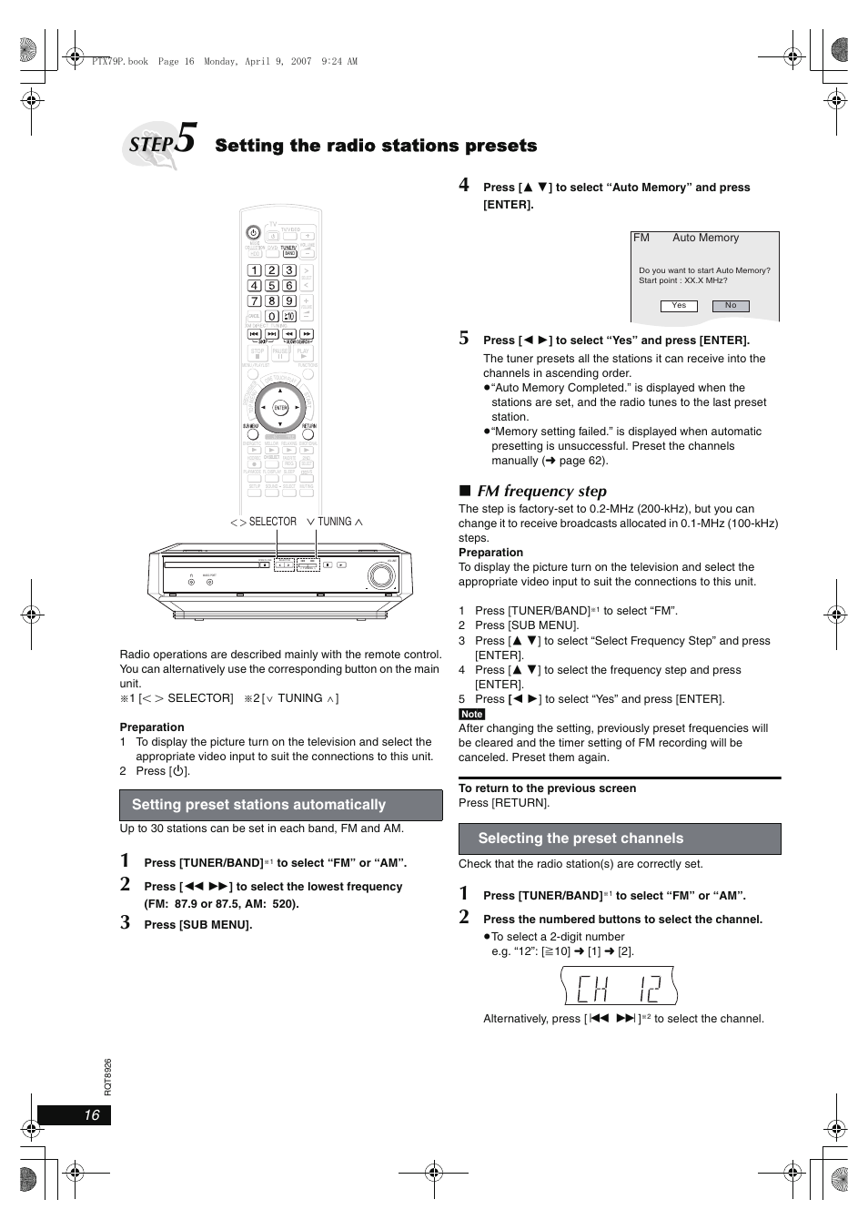 Step, Setting the radio stations presets, Fm frequency step | Setting preset stations automatically, Selecting the preset channels | Panasonic SCPTX7 User Manual | Page 16 / 112
