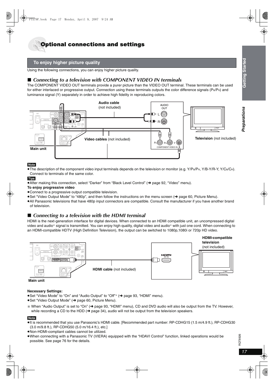 Optional connections and settings, Connecting to a television with the hdmi terminal, Y/b-y/r-y, y/c | Panasonic SCPTX7 User Manual | Page 17 / 112