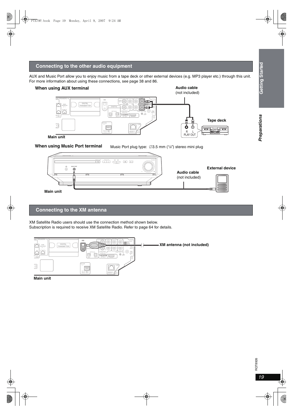 Connecting to the other audio equipment, Connecting to the xm antenna, Music port plug type: ‰3.5 mm | Z) stereo mini plug, Xm antenna (not included) main unit, R l play out | Panasonic SCPTX7 User Manual | Page 19 / 112