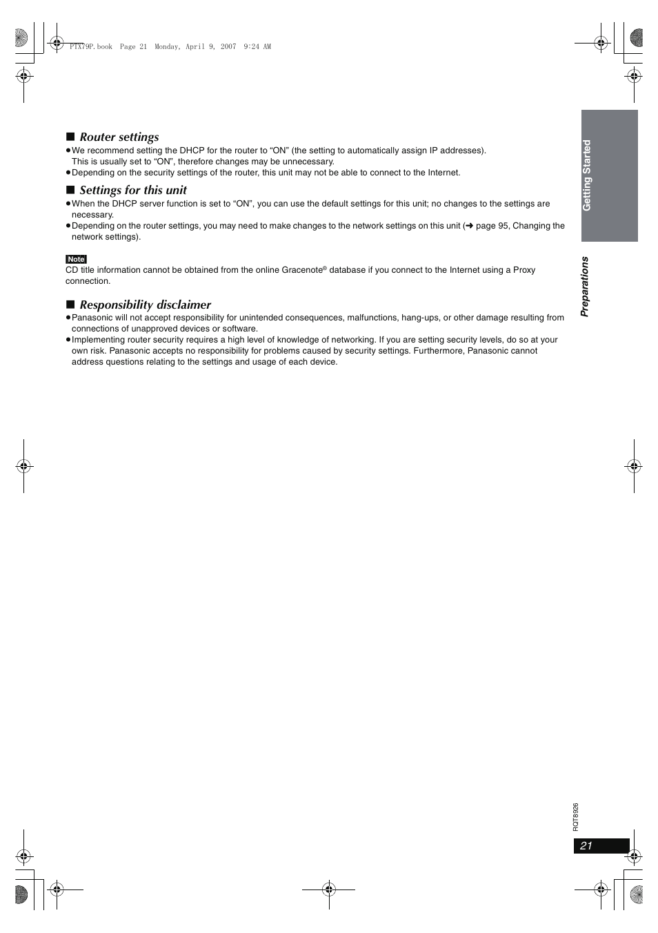 Router settings, Settings for this unit, Responsibility disclaimer | Panasonic SCPTX7 User Manual | Page 21 / 112