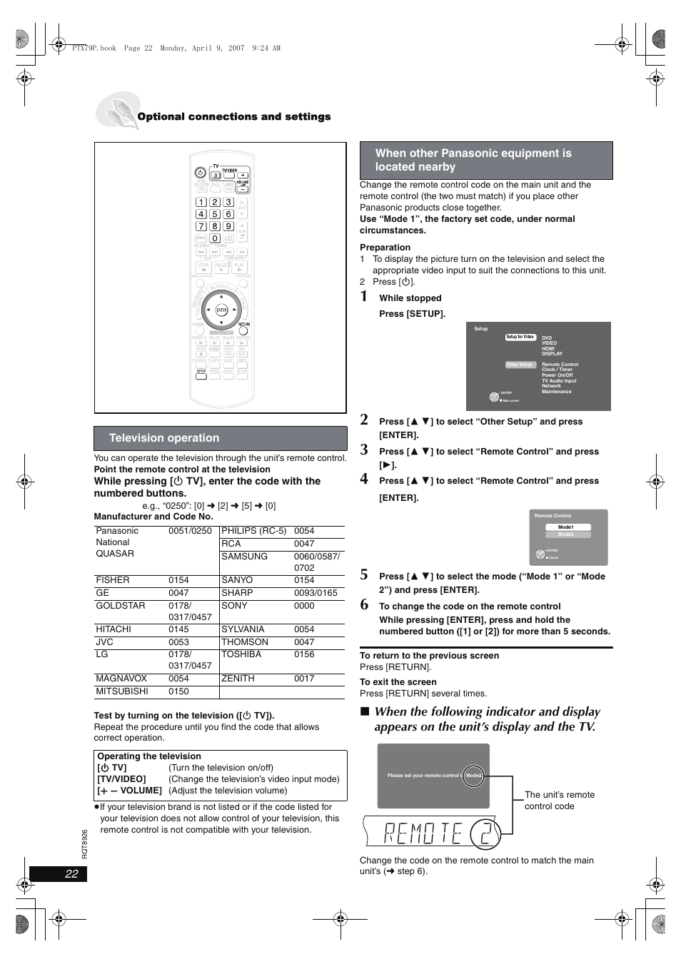 Television operation, When other panasonic equipment is located nearby, Optional connections and settings | Panasonic SCPTX7 User Manual | Page 22 / 112
