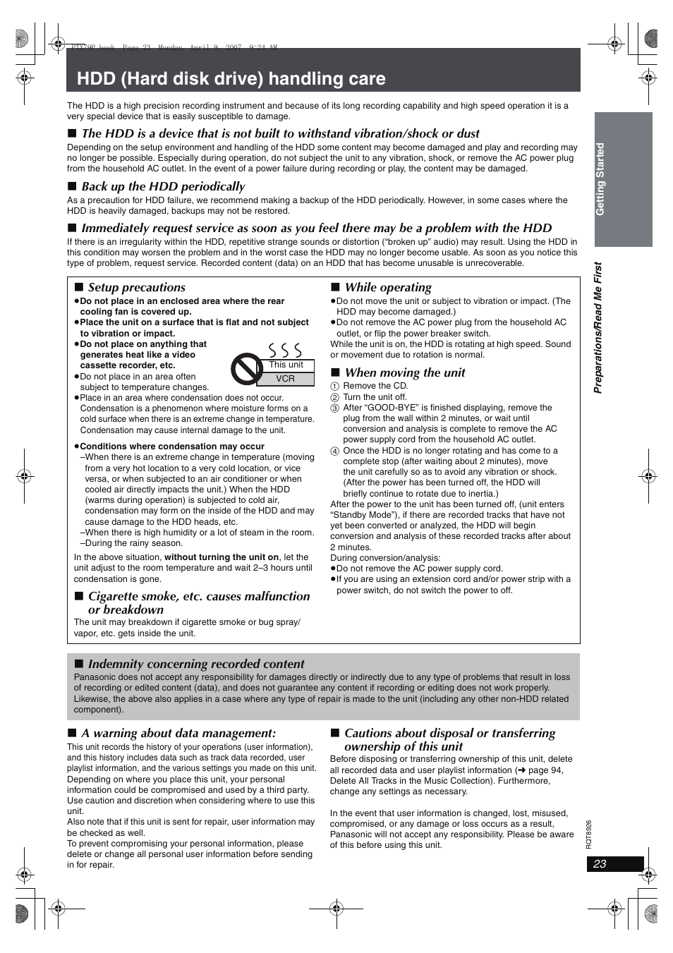 Hdd (hard disk drive) handling care, Back up the hdd periodically, A warning about data management | Setup precautions, While operating, When moving the unit, Indemnity concerning recorded content | Panasonic SCPTX7 User Manual | Page 23 / 112