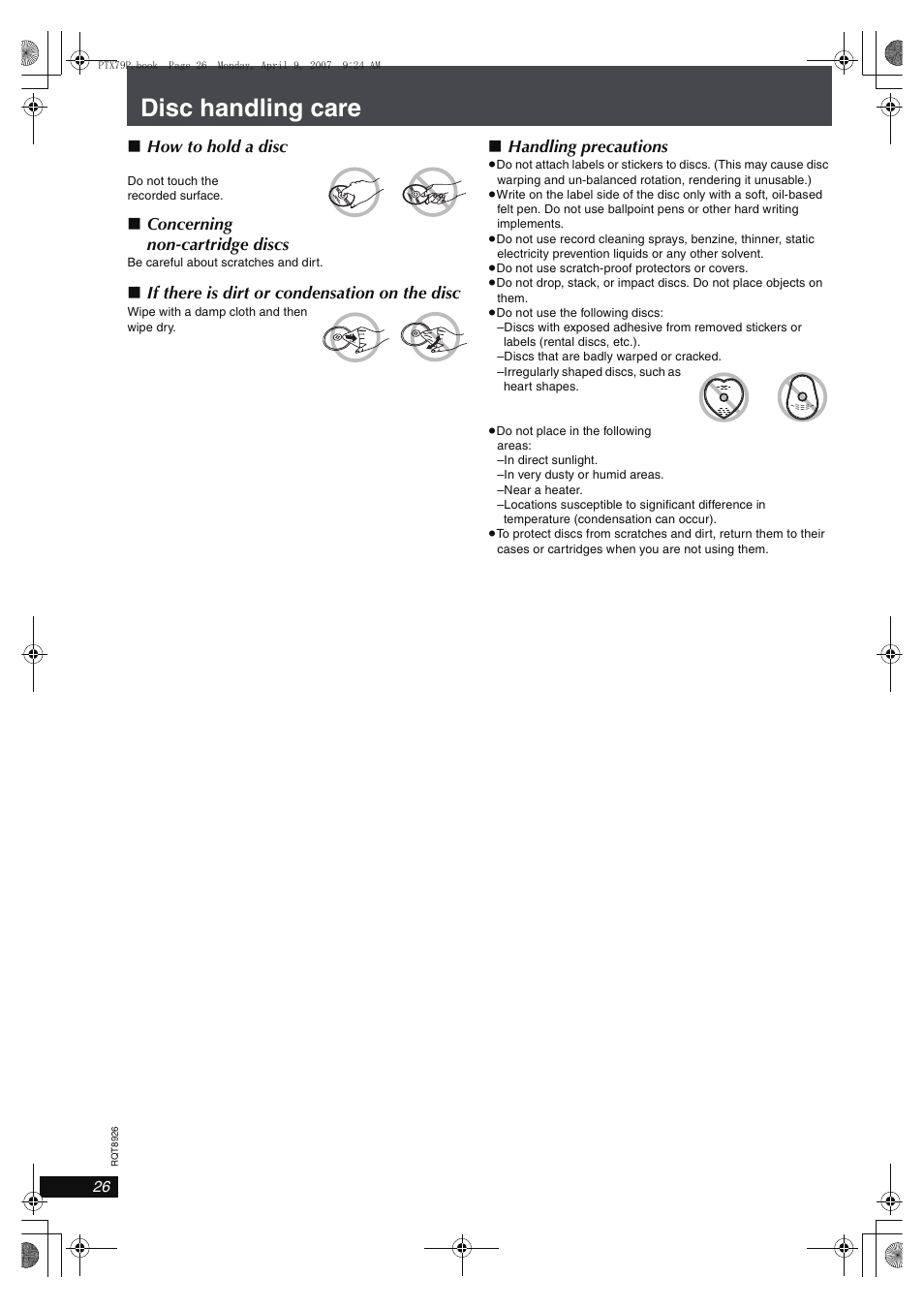Disc handling care, How to hold a disc, Concerning non-cartridge discs | If there is dirt or condensation on the disc, Handling precautions | Panasonic SCPTX7 User Manual | Page 26 / 112