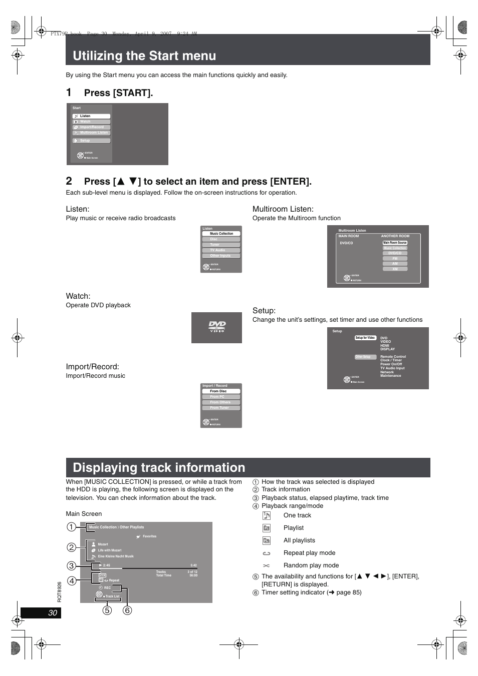 Utilizing the start menu, Displaying track information, Press [start | Press [ 3 4 ] to select an item and press [enter, Listen, Watch, Import/record, Multiroom listen, Setup | Panasonic SCPTX7 User Manual | Page 30 / 112