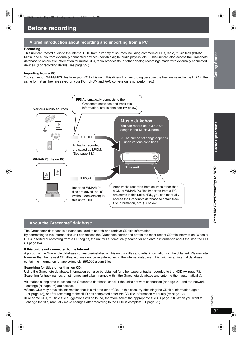 Before recording, Database, Music jukebox | Panasonic SCPTX7 User Manual | Page 31 / 112