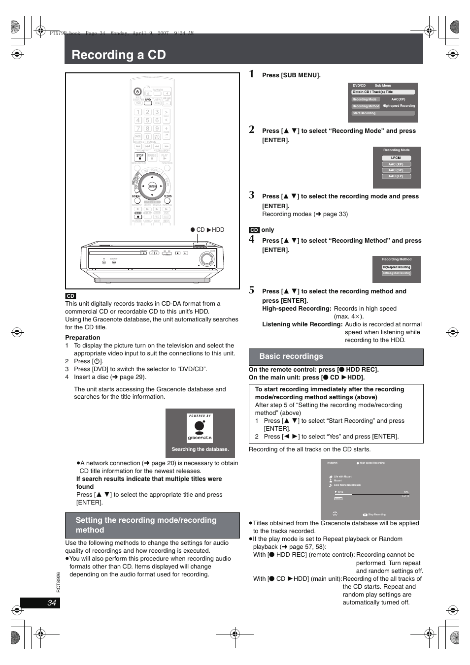 Recording a cd, Setting the recording mode/recording method, Basic recordings | Press [sub menu, Cd hdd | Panasonic SCPTX7 User Manual | Page 34 / 112