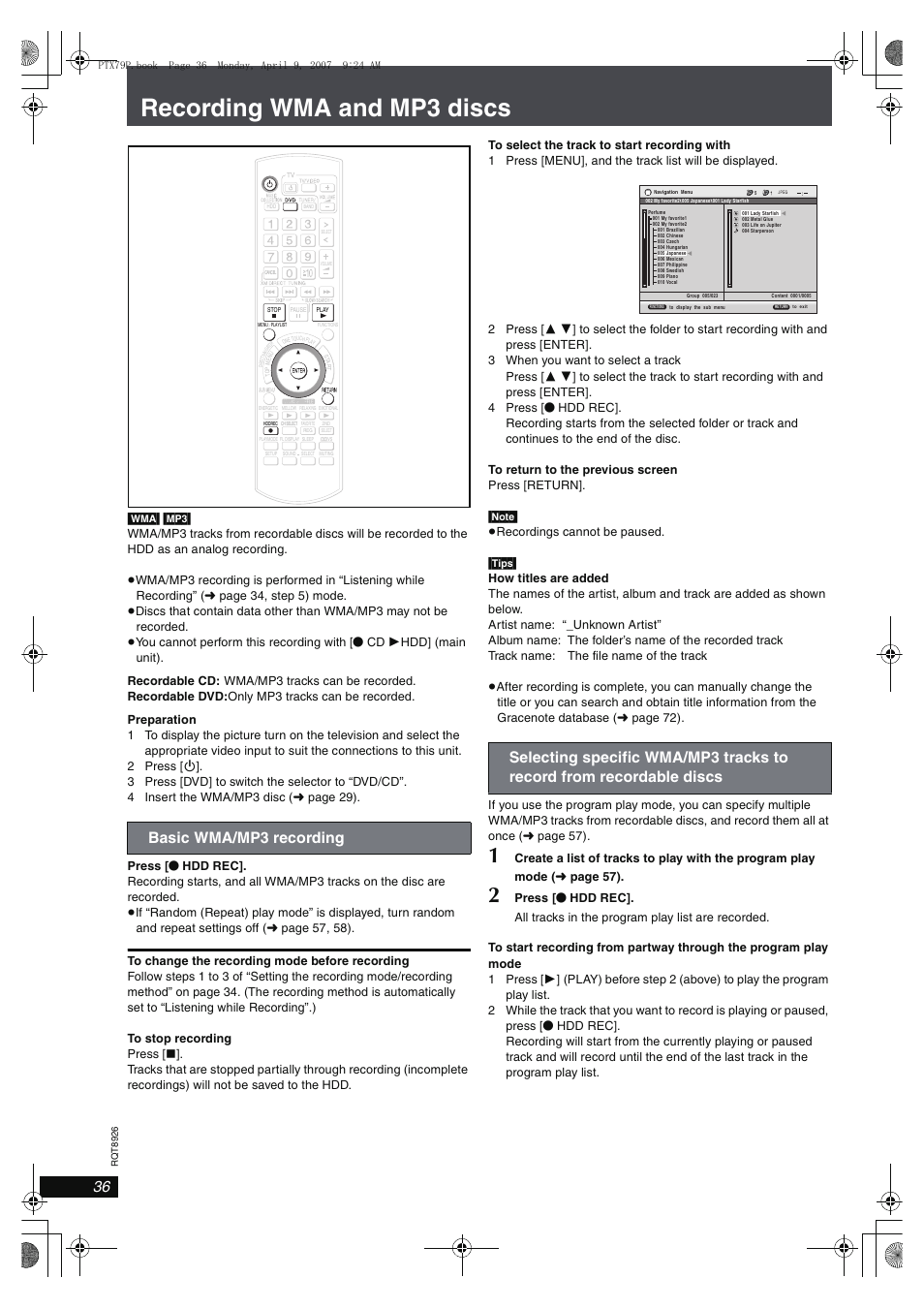 Recording wma and mp3 discs, Basic wma/mp3 recording | Panasonic SCPTX7 User Manual | Page 36 / 112