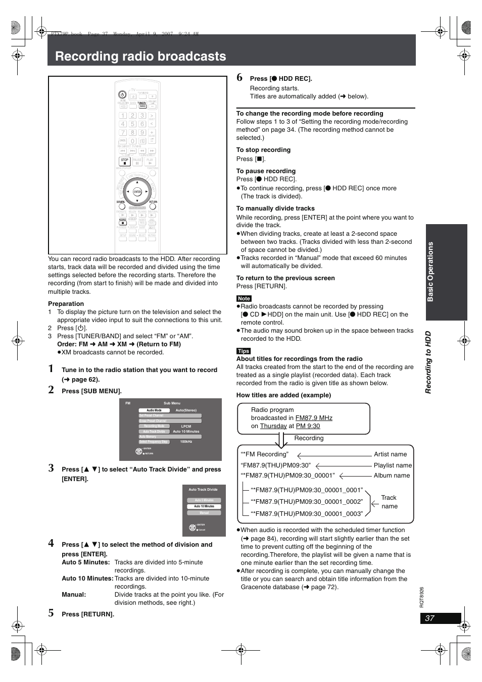 Recording radio broadcasts | Panasonic SCPTX7 User Manual | Page 37 / 112