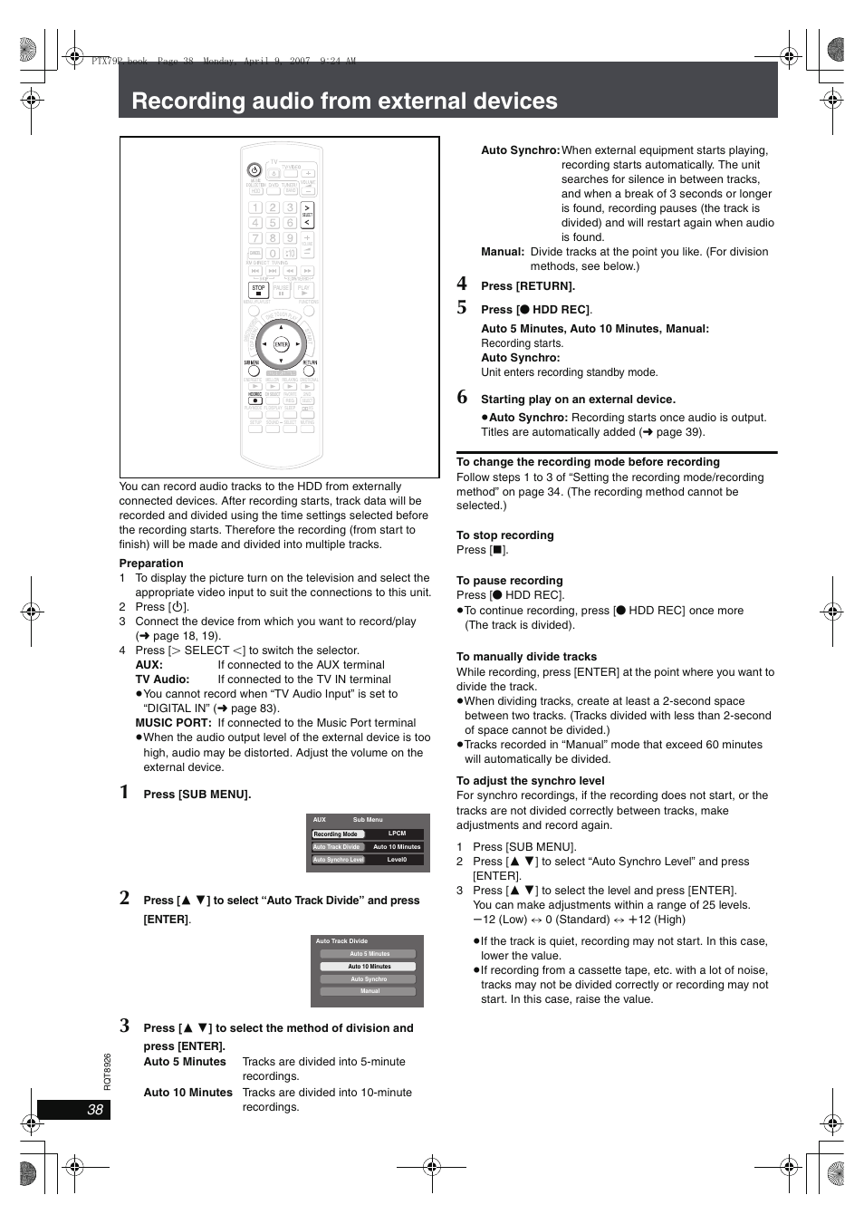 Recording audio from external devices | Panasonic SCPTX7 User Manual | Page 38 / 112