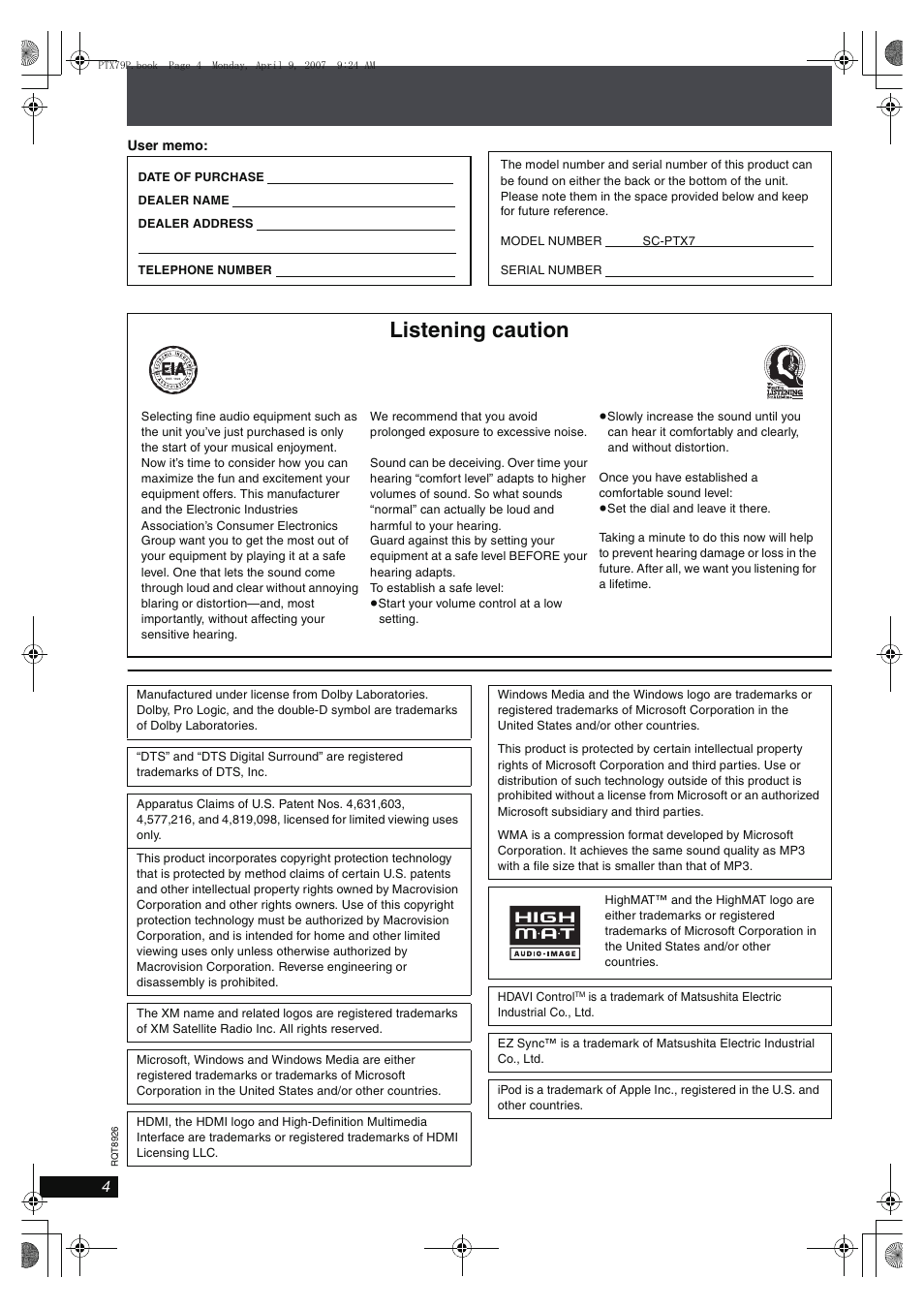 Listening caution | Panasonic SCPTX7 User Manual | Page 4 / 112